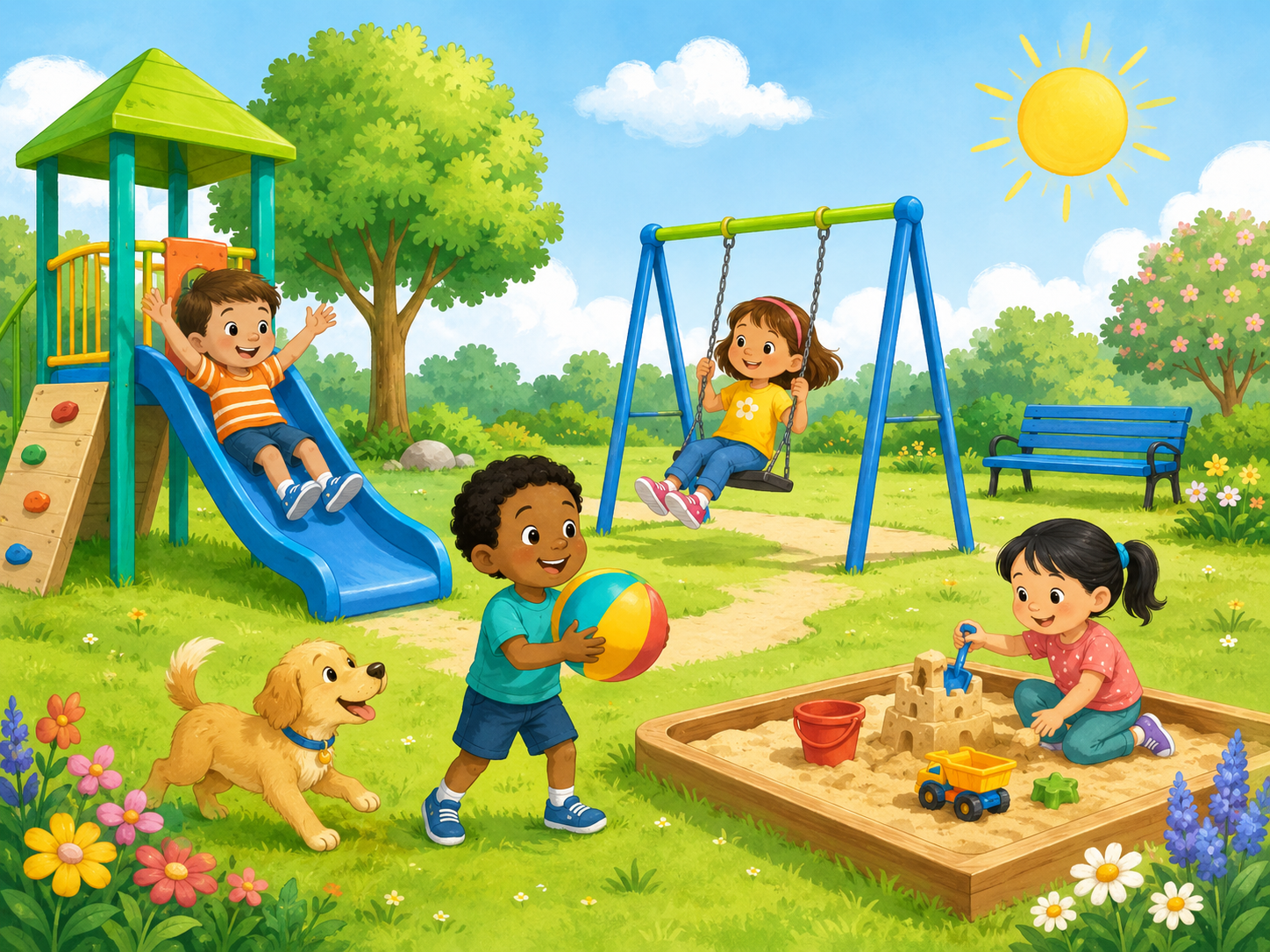 Colorful illustrated scene for expressive language practice